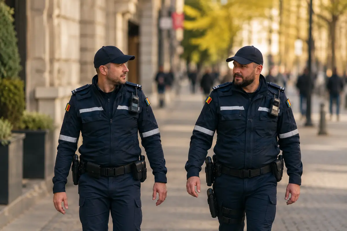 Doi polițiști în patrulare pe jos pe o stradă dintr-un oraș din România