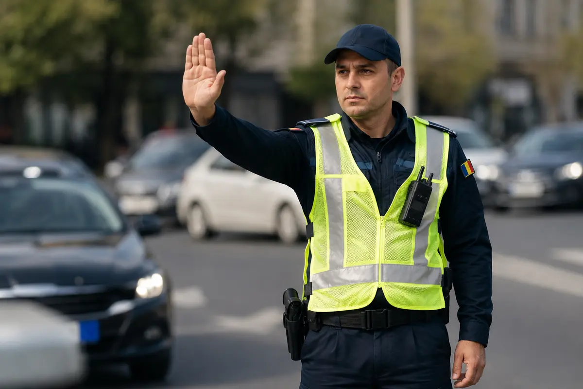 Polițist rutier român oprind un autoturism pentru control în trafic