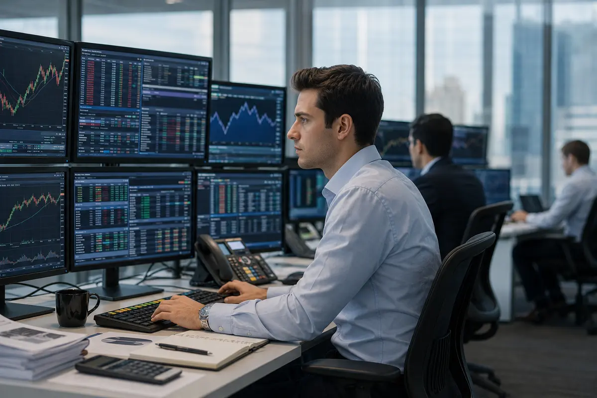 Analiști financiari lucrând la birouri cu mai multe monitoare într-un birou modern de investiții