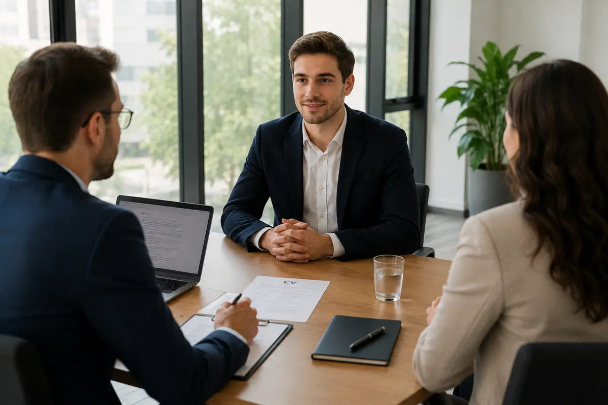 Interviu de angajare pentru un rol de analist financiar într-un birou modern