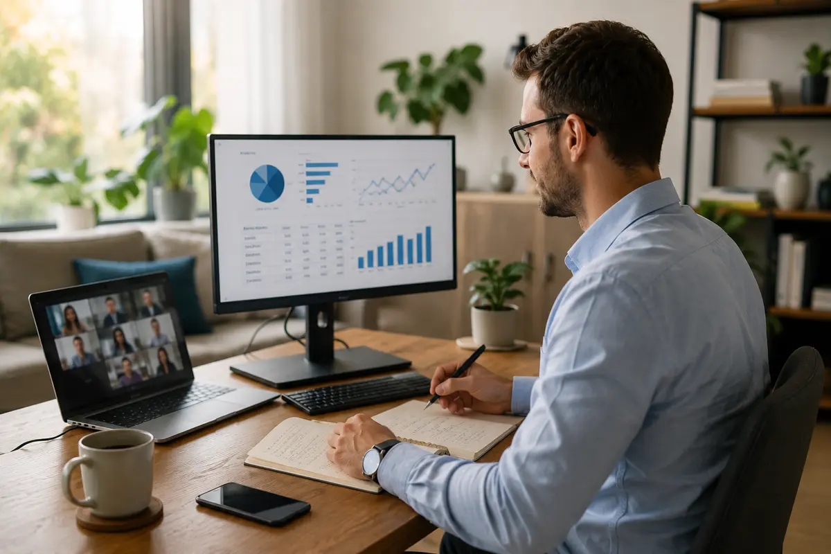 Analist financiar lucrând remote de acasă la laptop și un monitor cu grafice financiare