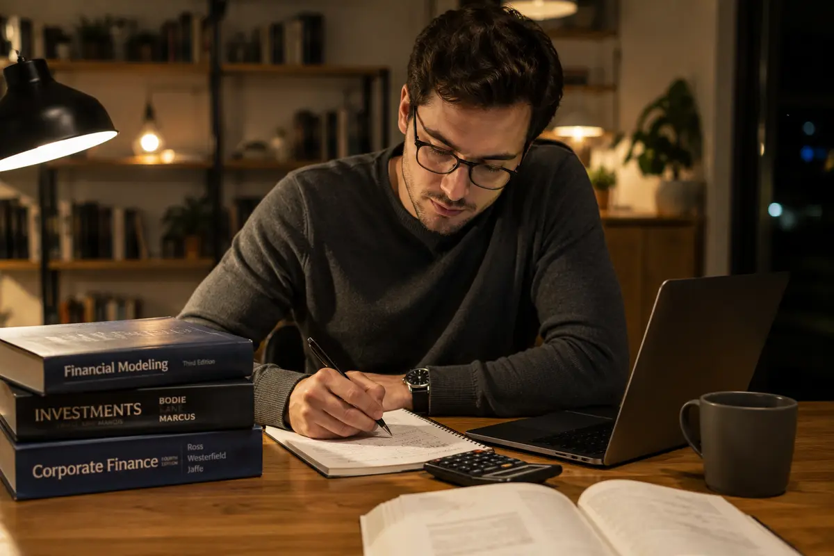 Tânăr studiind pentru examenul CFA cu manuale, laptop și un calculator financiar