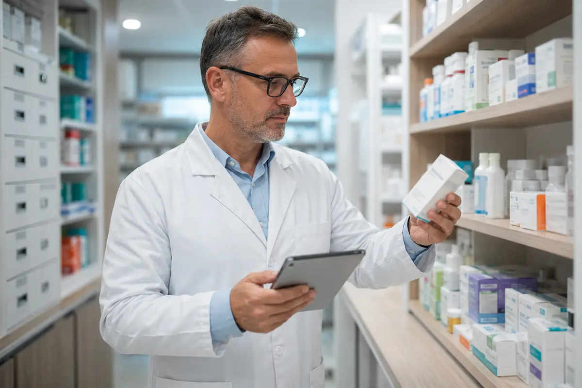 Farmacist diriginte verificând stocul de medicamente în camera de receptură a farmaciei