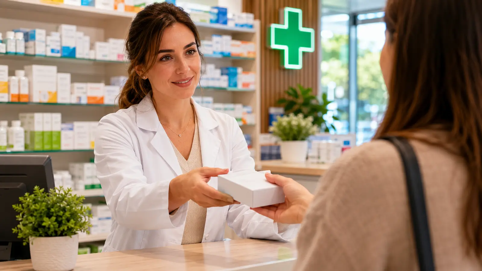 Farmacistă în halat alb consiliind un pacient la ghișeul unei farmacii comunitare