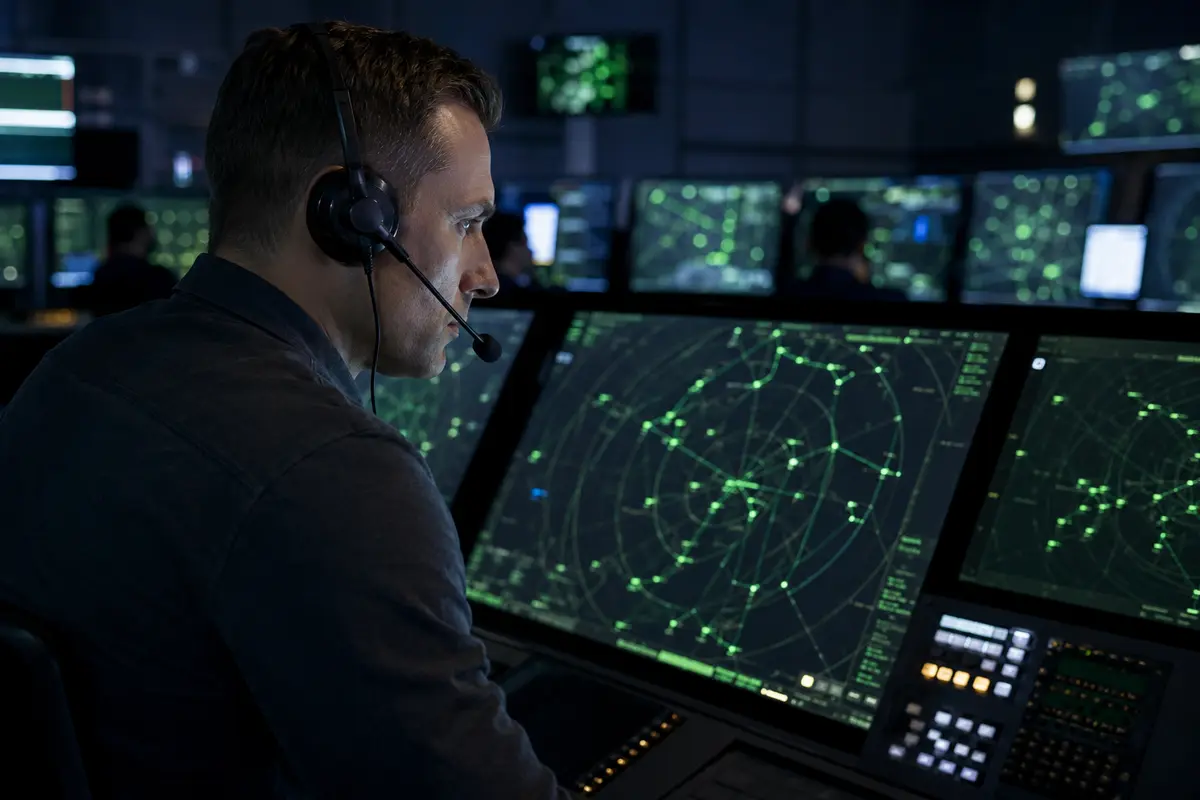 Controlor de trafic aerian urmărind aeronavele pe ecranele radar dintr-o cameră de control