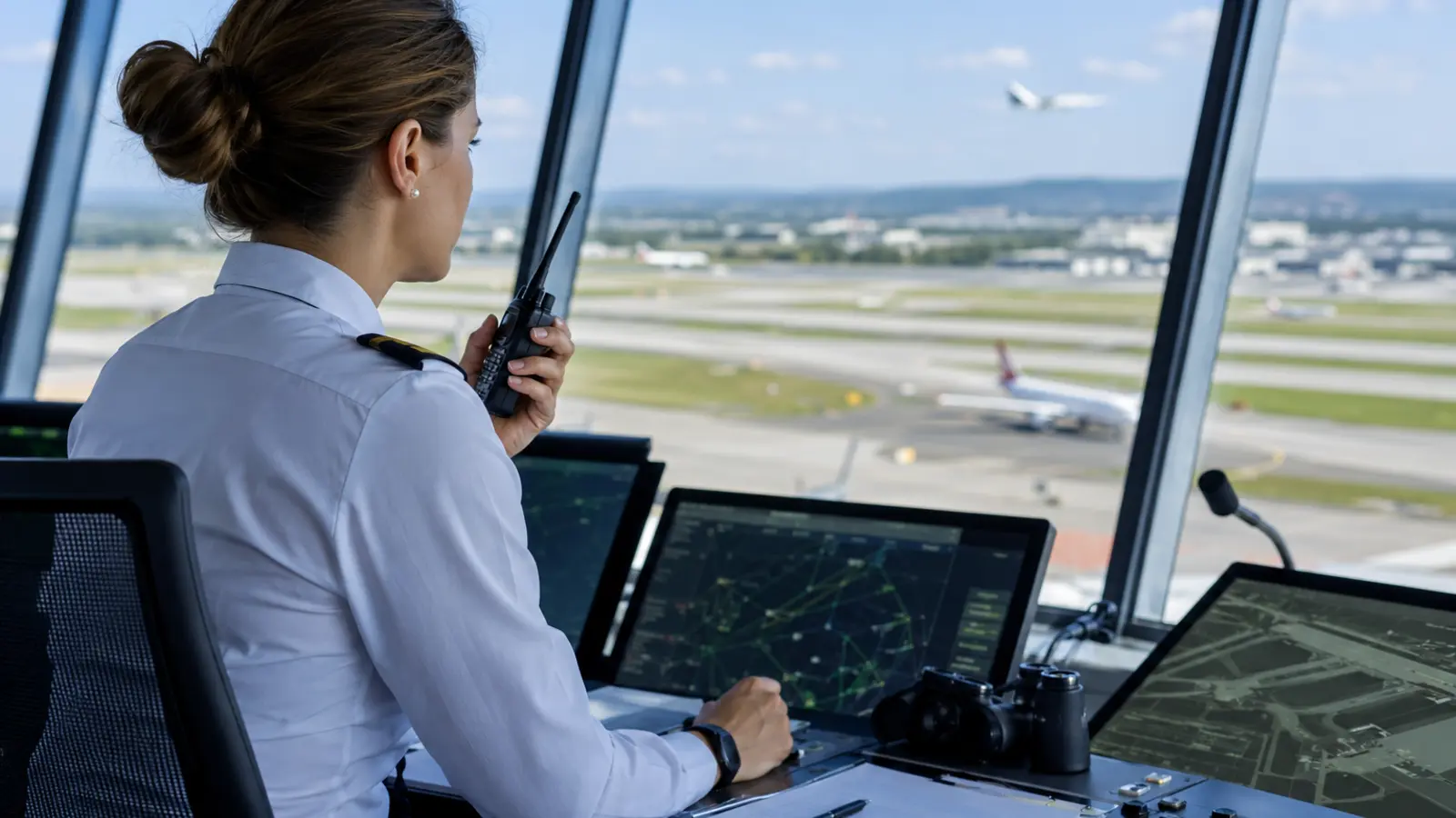 Controlor de trafic aerian în turnul de control al unui aeroport, urmărind pistele prin geam
