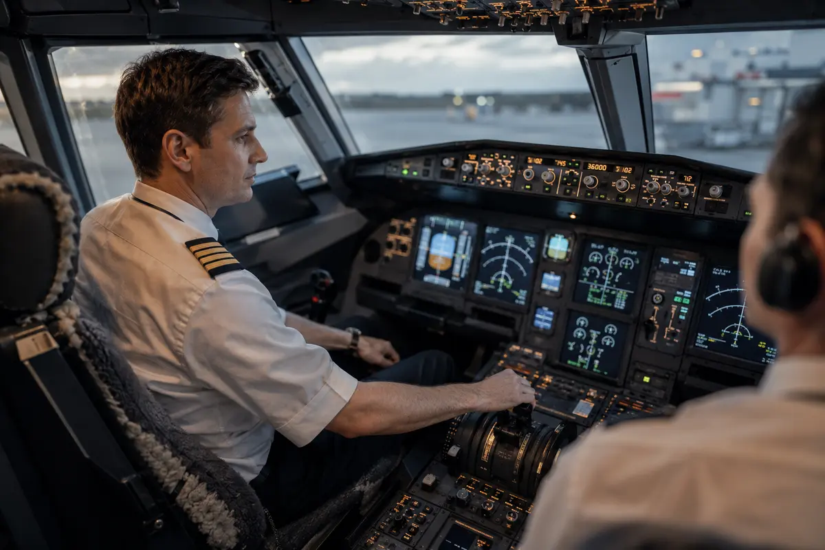 Comandant de aeronavă în cabina de pilotaj a unui avion de linie, verificând instrumentele înainte de decolare