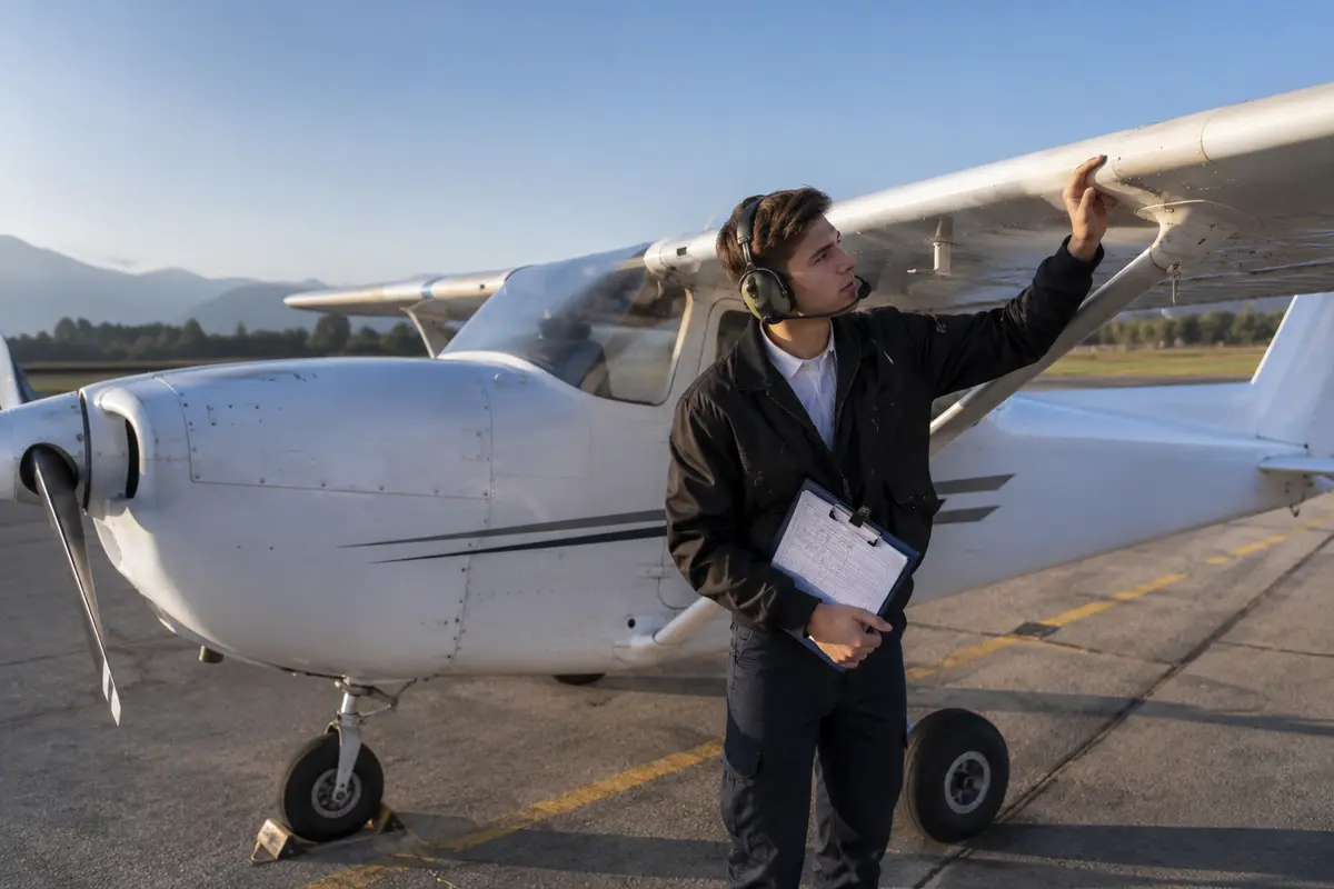 Elev pilot lângă un avion mic de școală pe pista unui aerodrom, pregătind zborul de instruire