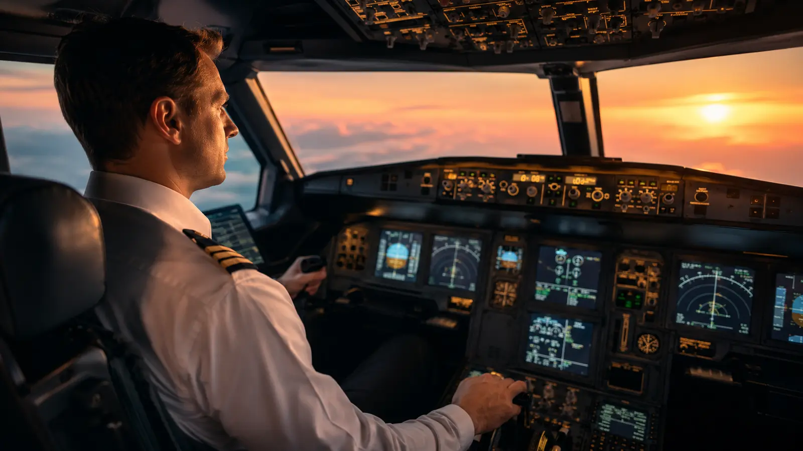 Pilot de avion de linie în carlingă, cu mâinile pe manete, în timpul zborului