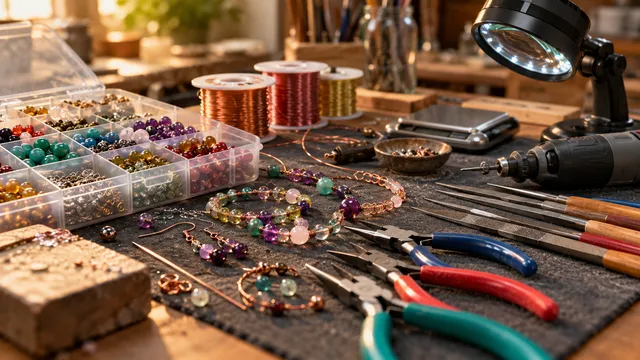 Masa de lucru a unui atelier de bijuterii handmade cu clești mici, bobine de sârmă de cupru, lupă cu LED, cântar de buzunar, pile, un mini polizor și o cutie cu mărgele