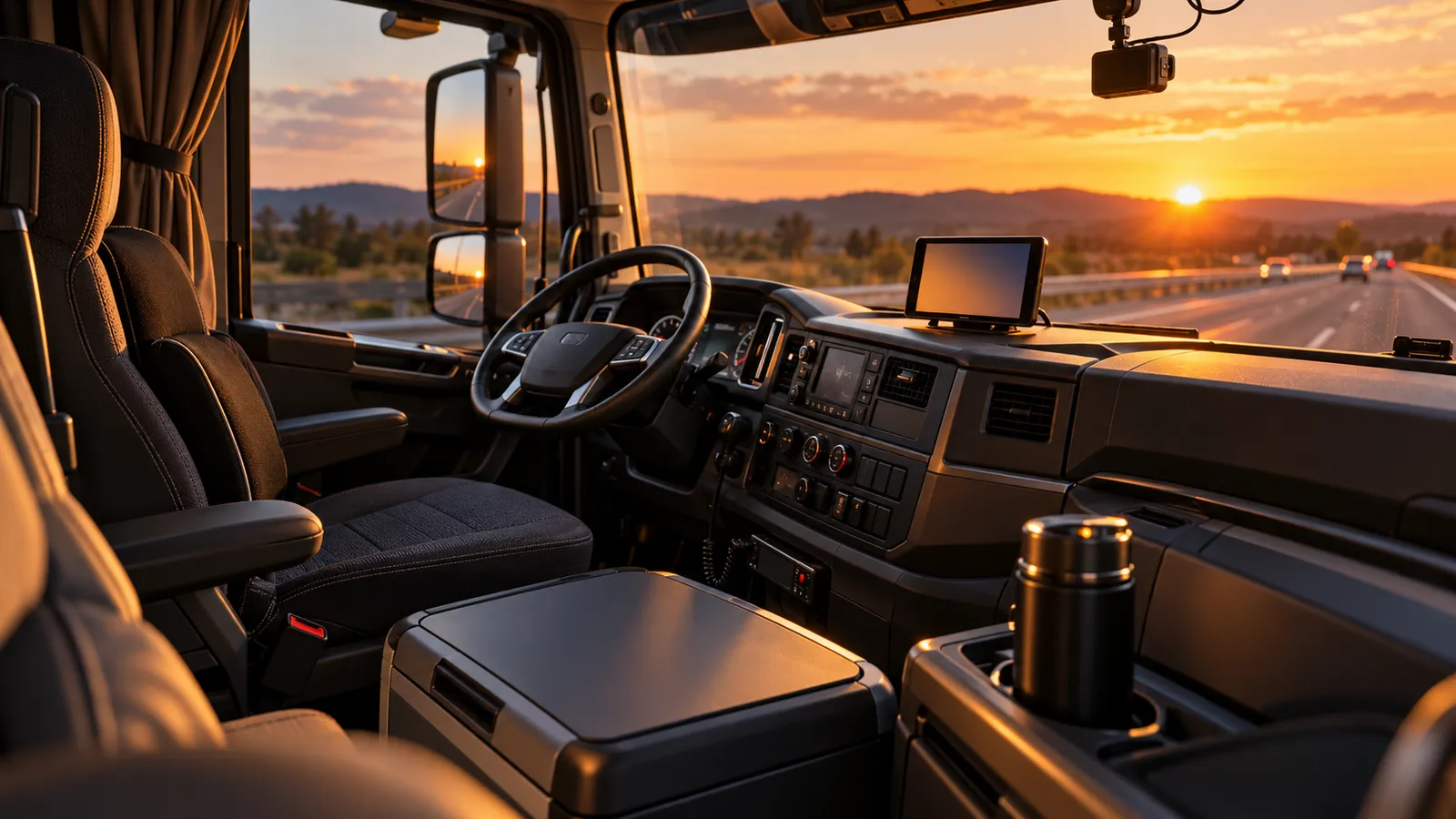 Cabina unui camion de cursă lungă la apus, cu GPS pe bord, cameră de bord pe parbriz, frigider portabil între scaune, pernă lombară pe scaun și termos