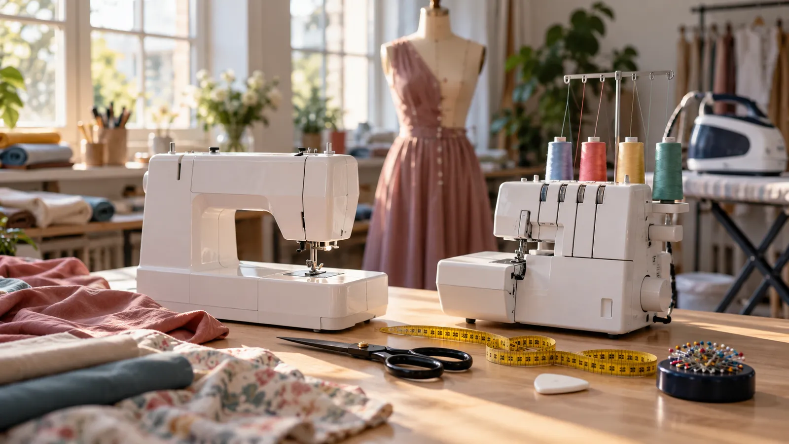 Un atelier de croitorie cu mașină de cusut și mașină de surfilat pe masă, foarfecă, centimetru, cretă și pernă cu ace, cu un manechin și o stație de călcat în fundal