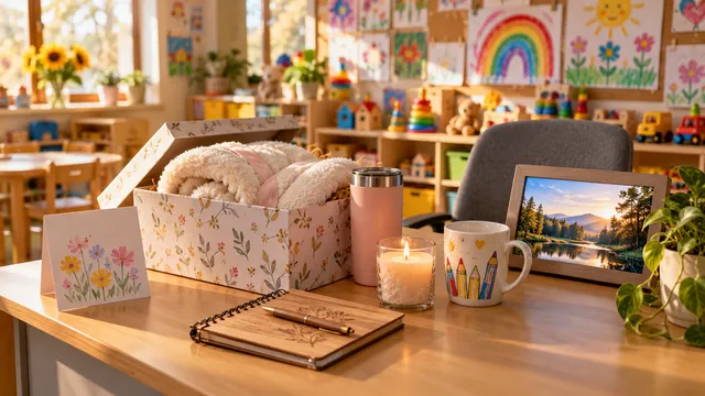 Biroul educatoarei într-o sală de grădiniță colorată, cu o cutie de cadou cu pătură, cană termos și lumânare, o cană cu desene, o agendă de lemn, o felicitare și o ramă foto digitală