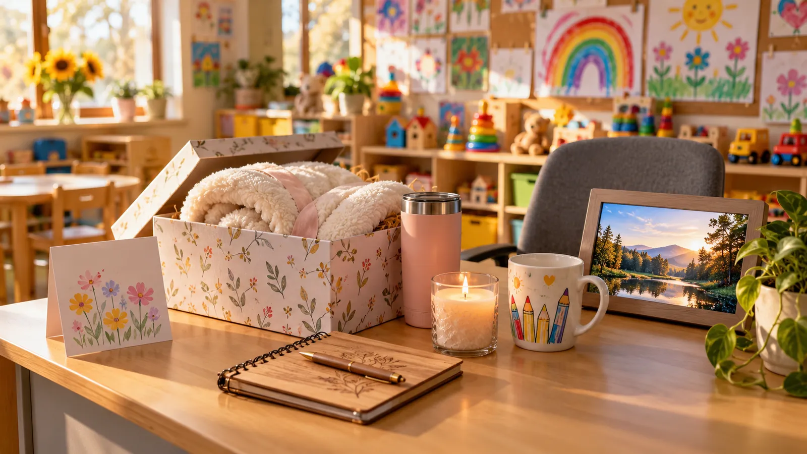 Biroul educatoarei într-o sală de grădiniță colorată, cu o cutie de cadou cu pătură, cană termos și lumânare, o cană cu desene, o agendă de lemn, o felicitare și o ramă foto digitală