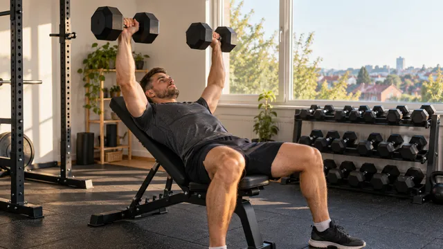 Bărbat care face împins cu gantere pe o bancă de fitness reglabilă înclinată, într-o cameră de antrenament de acasă