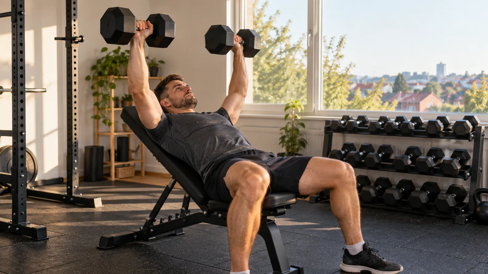 Bărbat care face împins cu gantere pe o bancă de fitness reglabilă înclinată, într-o cameră de antrenament de acasă