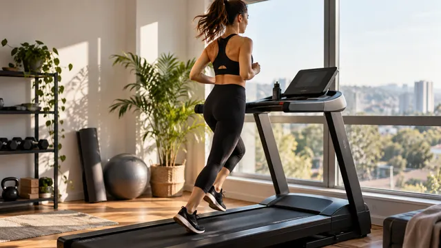 Femeie în echipament sportiv care aleargă pe o bandă de alergat electrică într-o cameră de apartament amenajată ca sală