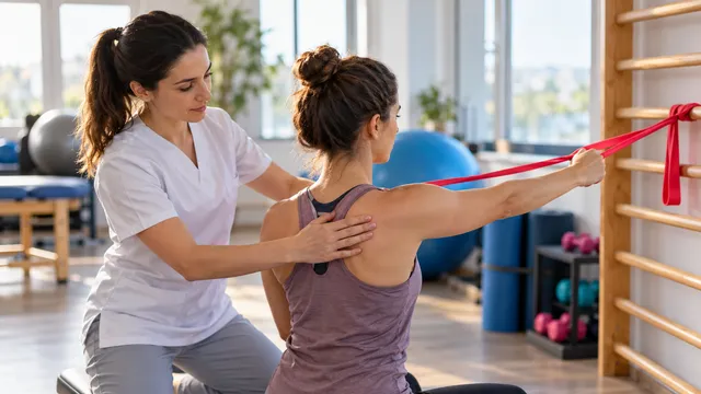 Kinetoterapeută care ajută o pacientă să facă un exercițiu pentru umăr cu o bandă elastică prinsă de spalier