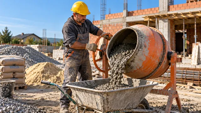 Zidar cu cască care toarnă beton proaspăt dintr-o betonieră portocalie într-o roabă, pe șantierul unei case
