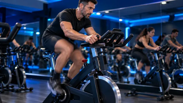 Instructor de ciclism indoor care pedalează intens pe o bicicletă de spinning neagră, într-o sală cu alte biciclete aliniate și oglinzi