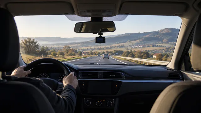 Vedere din interiorul unei mașini spre parbriz, cu o cameră auto mică montată sub oglinda retrovizoare și un drum în față