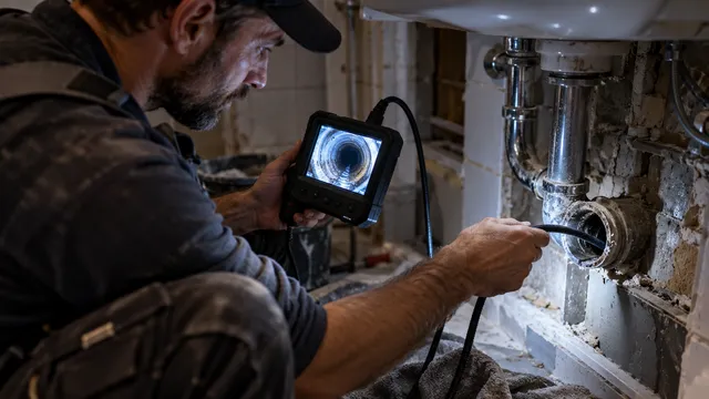 Instalator sanitar care introduce cablul unei camere de inspecție într-o țeavă de scurgere sub chiuvetă și urmărește imaginea pe ecranul aparatului