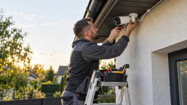 Instalator pe o scară care montează o cameră de supraveghere albă de exterior sub streașina unei case