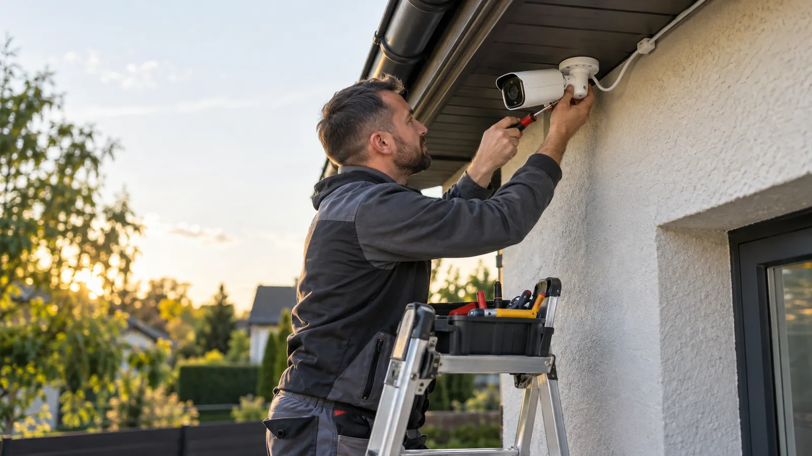 Instalator pe o scară care montează o cameră de supraveghere albă de exterior sub streașina unei case
