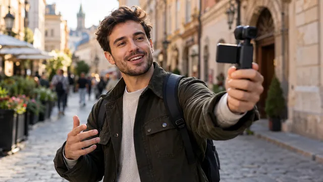 Creator de conținut care se filmează pe o stradă dintr-un oraș vechi cu o cameră de vlog mică de buzunar