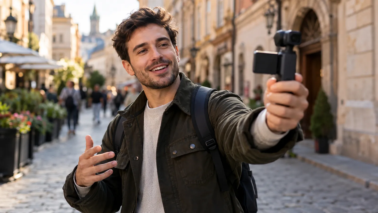 Creator de conținut care se filmează pe o stradă dintr-un oraș vechi cu o cameră de vlog mică de buzunar