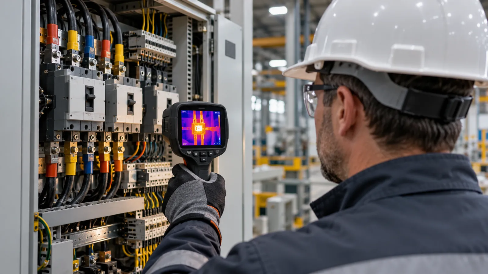 Un electrician cu cască și mănuși verifică un tablou electric industrial cu o cameră termografică portabilă, pe al cărei ecran se vede o zonă fierbinte