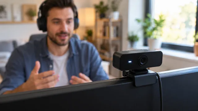 O profesoară ține un curs online în fața unui laptop cu o cameră web prinsă pe marginea monitorului