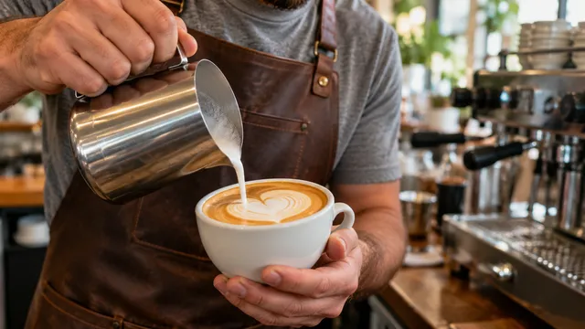Barista care toarnă lapte spumat dintr-o cană de inox într-o ceașcă de cappuccino, desenând o inimă de latte art