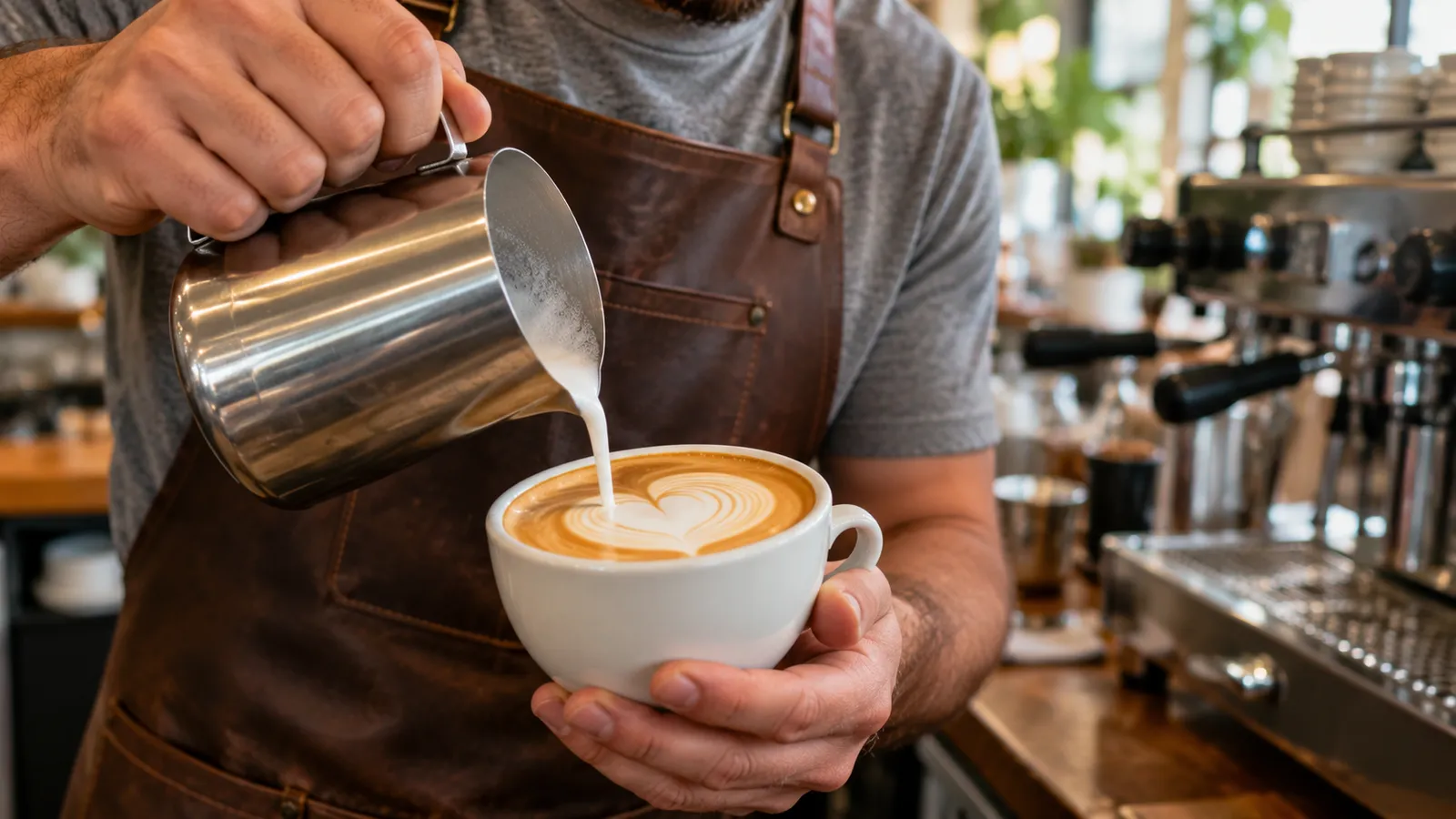 Barista care toarnă lapte spumat dintr-o cană de inox într-o ceașcă de cappuccino, desenând o inimă de latte art