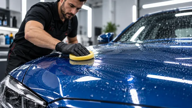 Specialist în detailing auto care aplică ceară cu un burete galben pe capota albastră și lucioasă a unei mașini, într-un atelier luminat