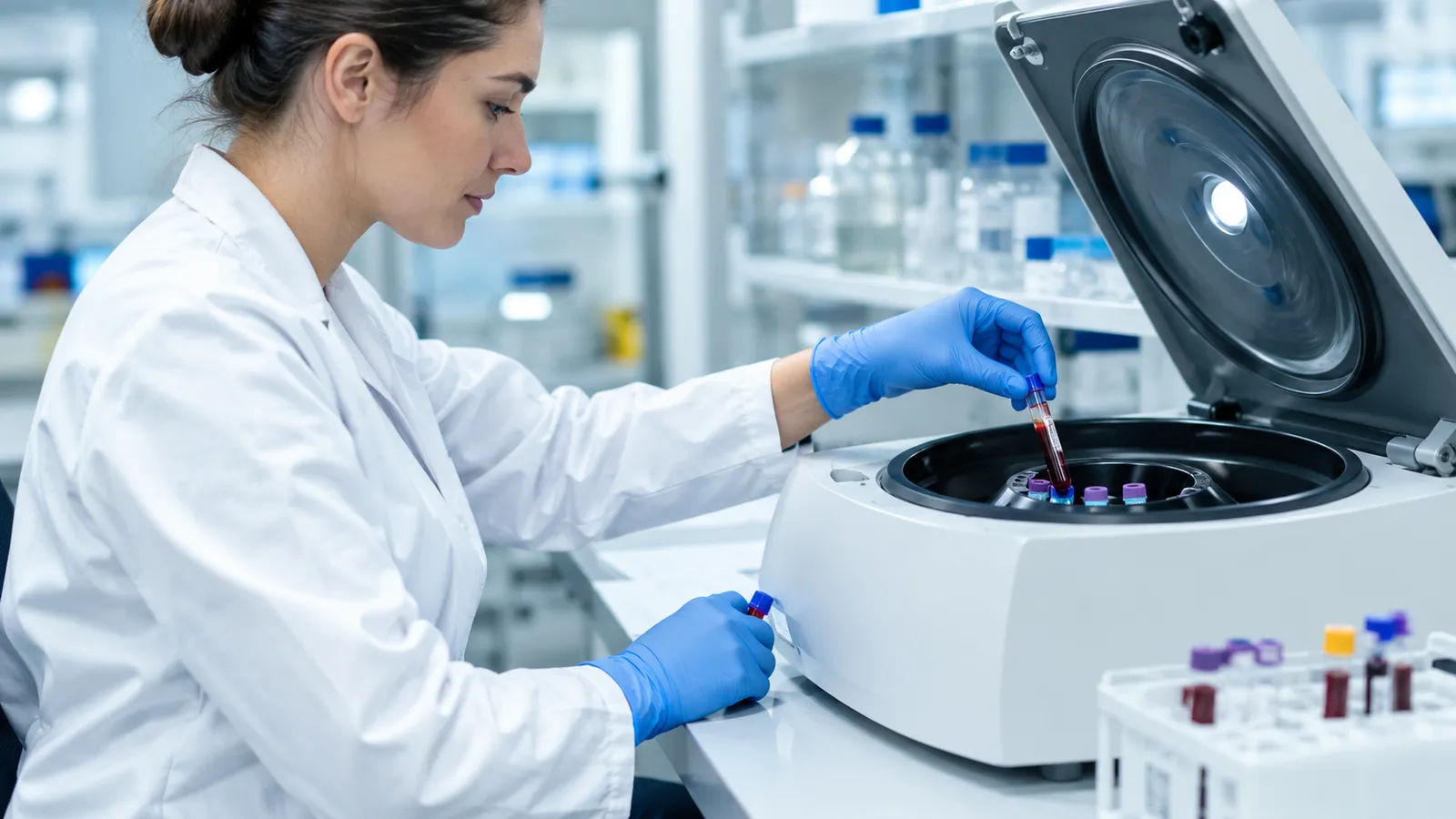 Laborantă în halat alb și mănuși care așază eprubete într-o centrifugă de laborator de masă cu capacul deschis