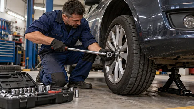 Mecanic auto care strânge prezoanele unei jante din aliaj cu o cheie dinamometrică lungă, într-un service