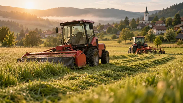 O pajiște de fân dimineața, cu o cositoare cu tambur pe roți în prim-plan și un tractor cu cositoare rotativă în fundal