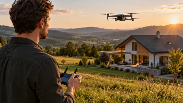 Fotograf imobiliar care pilotează cu telecomanda o dronă mică gri cu cameră, în fața unei case noi