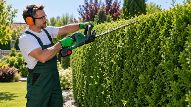 Grădinar în salopetă verde, cu antifoane și ochelari de protecție, care tunde un gard viu de tuia cu o foarfecă pe acumulator