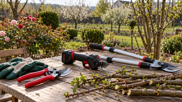 O masă de grădină cu o foarfecă manuală cu mânere roșii, o foarfecă electrică pe acumulator, o foarfecă de crengi telescopică, mănuși și crenguțe tăiate, cu trandafiri și o livadă în fundal