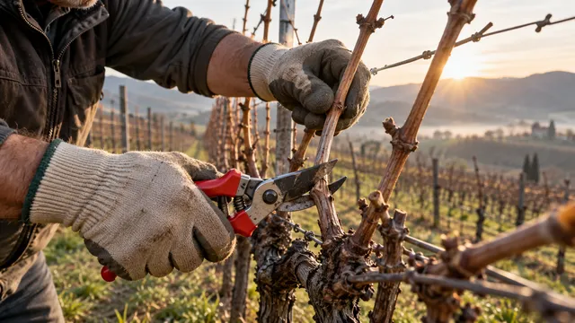 Viticultor cu mănuși de lucru care taie o coardă de viță cu o foarfecă de vie roșie, într-o podgorie la tăierile de primăvară
