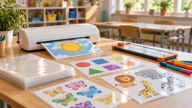 O masă de lucru într-o sală de clasă cu un laminator alb, un teanc de folii de plastifiere A4 și foi de lucru colorate deja plastifiate