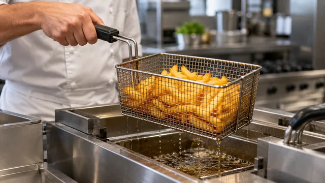 Un bucătar scoate un coș cu cartofi prăjiți dintr-o friteuză din inox într-o bucătărie profesională