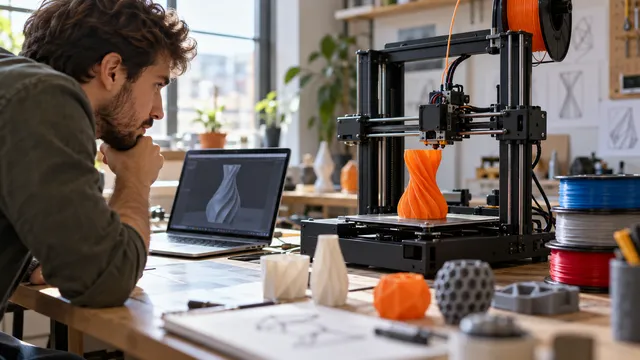 Designer de produs care privește o imprimantă 3D cu filament printând un obiect portocaliu, lângă un laptop cu un model 3D