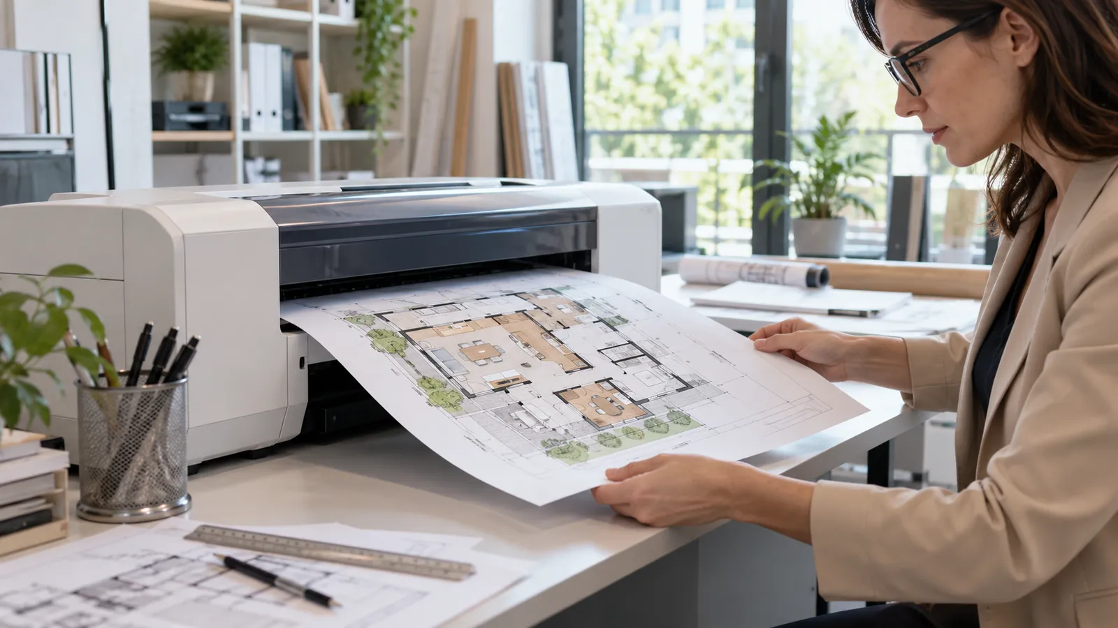 O arhitectă scoate o coală A3 cu un plan color dintr-o imprimantă inkjet albă, într-un birou de proiectare