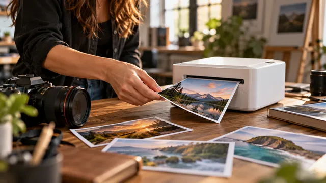 Fotografă care scoate o fotografie de peisaj proaspăt printată dintr-o imprimantă foto compactă albă, pe un birou cu alte poze și un aparat foto