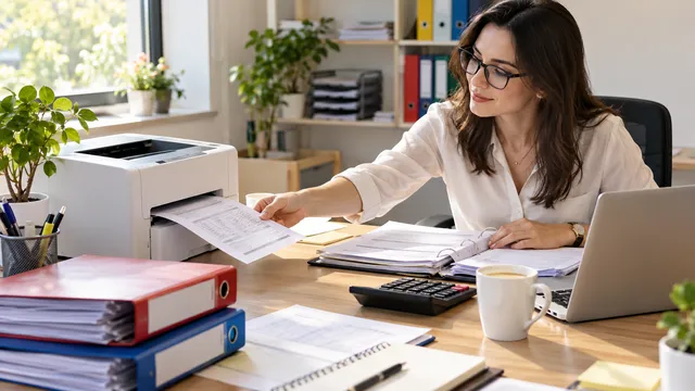 Imprimantă laser albă pe biroul unui contabil, din care iese o foaie tipărită, lângă dosare și un laptop