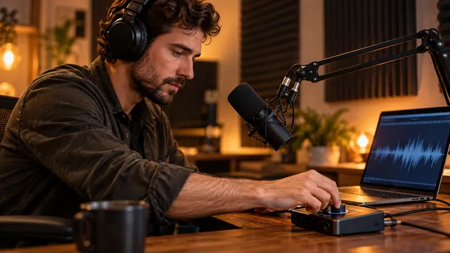 Producător de podcast cu căști de studio care reglează butonul de câștig al unei interfețe audio USB, cu microfon pe braț articulat și laptop