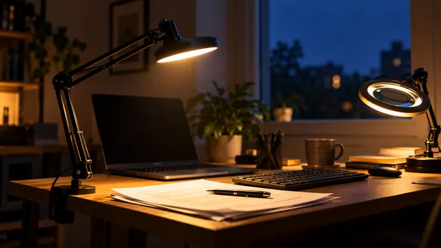 Un birou de lucru seara, cu o lampă LED cu braț articulat care luminează documente și un laptop, și o lampă cu lupă pe colțul biroului